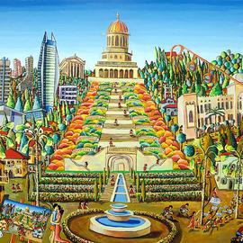 haifa bahai garden painting  By Raphael Perez  Israeli Painter 