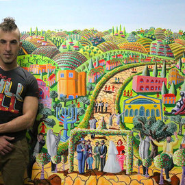 Raphael Perez: 'israeli painter raphael perez  and assf henigsberg', 2018 Acrylic Painting, Landscape. Artist Description: A full interview with the Israeli painter Raphael Perez Hebrew name Rafi Peretz about the ideas behind the naive painting, resume, personal biography and curriculum vitaeQuestion Raphael Perez Tell us about your work process as a naive painterAnswer I choose the most iconic and famous buildings ...