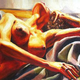 Raphael Perez: 'painting of nude woman on bed erotic art paintings female naked painting', 2016 Acrylic Painting, People. Artist Description:    erotic art,  male female nude.  naked couple, erotic  painting . erotic aritst, man woman painting, couple paintings,          ...