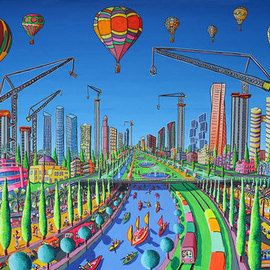 Raphael Perez: 'tel aviv skyscrapers israeli artist raphael perez ', 2017 Acrylic Painting, Landscape. Artist Description: Tel Aviv SkyscrapersRaphael Perez is an Israeli artist known for his naive style paintings of Tel Aviv city.  His work captures the essence of the city and its urban landscape, highlighting its iconic buildings and sites.  PerezaEURtms paintings create an idealized atmosphere in which reality is ...