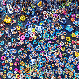 Raf Willems: 'floating people', 2020 Color Photograph, People. Artist Description: Aerial shot of people in innertubes and floats, while they are attending a concert on a lake.  Shot with a drone.  High End Acrylic Print with aluminium floating frame.  Limited Edition of 100...