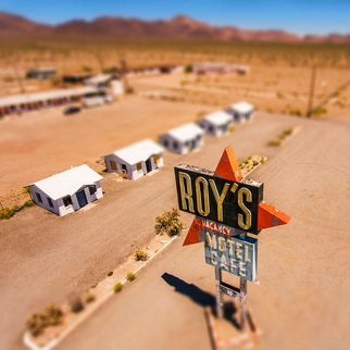Raf Willems: 'roys amboy', 2018 Digital Photograph, Americana. Aerial shot of Roy s, the iconic gasstation motel cafe in Amboy, California.  Shot with a drone.  High End Acrylic Print with aluminium floating frame.  Limited Edition of 100...