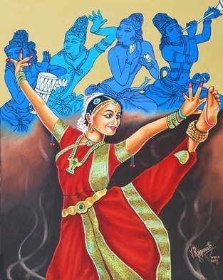 Ragunath Venkatraman: 'BHARATHANATYAM', 2011 Oil Painting, Dance.  BHARATHANATYAM  a mystic communion with GodThis Bharata Natyam dancers right hand is in the Katakamukha Hasta, the three joined fingers symbolizing the sacred syllable Aum. The left hands fingers are in Alapadma Hasta, the rotating lotus of spiritual light. The eyes are directed towards the Supreme Lord. The left leg...
