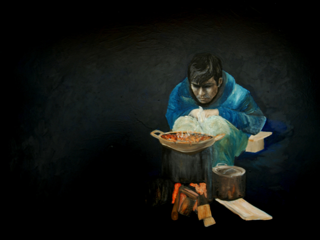 Alison Raimes  'Calais Refugee', created in 2018, Original Painting Ink.