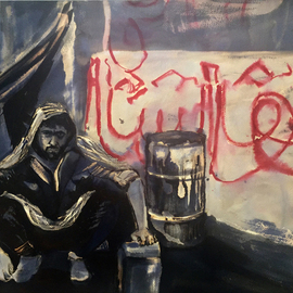Alison Raimes: 'the long wait', 2018 Oil Painting, World Culture. Artist Description: Refugee, Jungle, Crisis, migrant, exile, Calais, Dunkirk, camp...