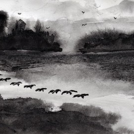 Randy Sprout: 'breakfast flight', 2019 Other Painting, Flight. Artist Description: 5X7 Sumi Ink on  140 Arches Hot Pressed: This painting was done as a 6 minute demo for CYC Art Group. I started by painting wet into wet and just kept painting until the paper was dry. ...