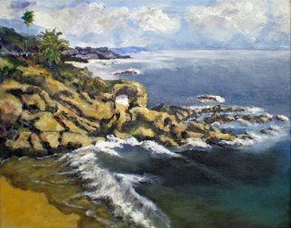 Randy Sprout: 'key hole arch laguna beach', 2021 Painting, Seascape. 16X20 Acrylic on Canvas: Painted with my wonderful daughter Laurel from high on a cliff behind the Laguna Beach, California, USA Montage Spa over looking this beautiful bay. I decided to stop here for awhile instead of putting in people or birds. ...
