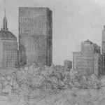 Robin Richard Emrich: 'Boston', 1996 Etching, Cityscape. Boston Circa 1977, Hancock Towers, Prudential and the Ritz, with footbridge in foreground. 5th burn, with aquitint. ...