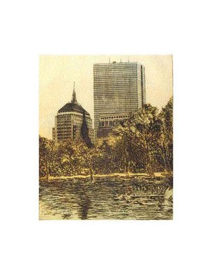 Robin Richard Emrich: 'Hancock Towers', 1999 Etching, Cityscape. Boston' s John Hancock Towers.  This is the ghost of a three color print.  The original colors are subtly suggested and much less intense then the original proof.  The Boston Public Gardens and a Swan Boat is in the foreground. This is a unique example from a run that will ...