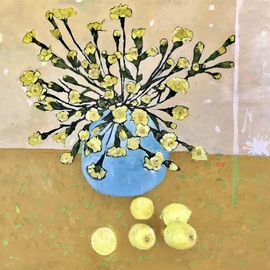 Rebecca De Figueiredo: 'yellow carnations and lemons', 2017 Oil Painting, Still Life. Artist Description: Beautiful bright yellow carnations on a warm background, with lemons in front.  The warmth and yellow are in contrast to the blue vase...