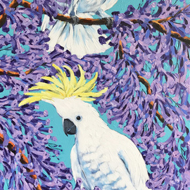 Irina Redine: 'cockatoos and jacaranda', 2022 Acrylic Painting, Nature. Artist Description: Cockatoos and Jacaranda aEUR