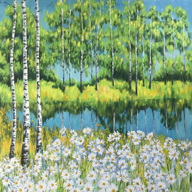 Irina Redine: 'daisies and birches', 2022 Acrylic Painting, Nature. Artist Description: Daisies and birches aEUR