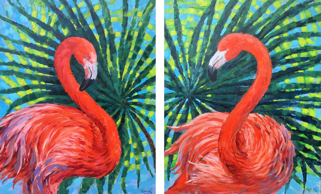 Artist Irina Redine. 'Scarlet Flamingos' Artwork Image, Created in 2019, Original Painting Oil. #art #artist