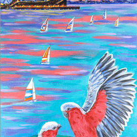 Irina Redine: 'sydney and galah cockatoos', 2022 Oil Painting, Birds. Artist Description: Sydney Opera House and galah cockatoos aEUR