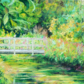 Richard Freer: 'footbridge', 2022 Oil Painting, Expressionism. Artist Description: Scene from a water garden in Dorset. ...