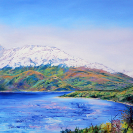 Richard Freer: 'new zealand mountains', 2020 Oil Painting, Expressionism. Artist Description: A large lake with mountains in the distance ...
