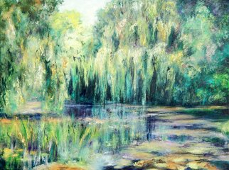 Richard Freer: 'water garden', 2022 Oil Painting, Expressionism. Willow trees in a water garden. ...