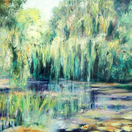 Richard Freer: 'water garden', 2022 Oil Painting, Expressionism. Artist Description: Willow trees in a water garden. ...