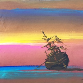 Rigel Sauri: 'aground boat 2', 2021 Acrylic Painting, Beach. Artist Description: Original, fine art piece of an abandoned ship on an empty beach with a rich, dramatic colored sunset as background. Executed on artisan, handmade recycled, thick paper sheet with rough edges, mixed media, mainly acrylic paint, decorative painting. Contemporary, casual style, lavender, violet, purple, pink, magenta, yellow, orange ...