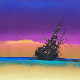 Rigel Sauri: 'aground boat 3', 2021 Acrylic Painting, Beach. Artist Description: Original, fine art piece of an abandoned ship on an empty beach with a rich, dramatic colored sunset as background. Executed on artisan, handmade recycled, thick paper sheet with rough edges, mixed media, mainly acrylic paint, decorative painting. Contemporary, casual style, lavender, violet, purple, pink, magenta, yellow, orange ...