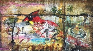 Rigel Sauri: 'cardinal graffiti on old wall', 2021 Acrylic Painting, Vintage. Large size, original, unique, fine art piece. Trompe- l oeil old stone wall with fainting graffiti cardinal bird and other imagery, executed on artisan, handmade recycled, thick paper sheet with rough edges, mixed media, mainly acrylic paint. Rough texture, predominant yellow, ochre tones in the background, rich bright red bird ...