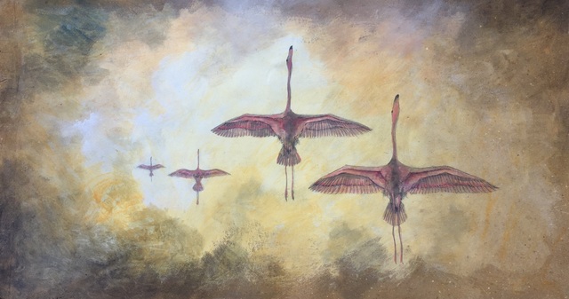Artist Rigel Sauri. 'Flamingoes At Flight' Artwork Image, Created in 2021, Original Mixed Media. #art #artist