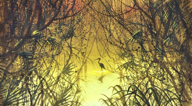 Artist Rigel Sauri. 'Mangrove Sunset With Crane' Artwork Image, Created in 2021, Original Mixed Media. #art #artist