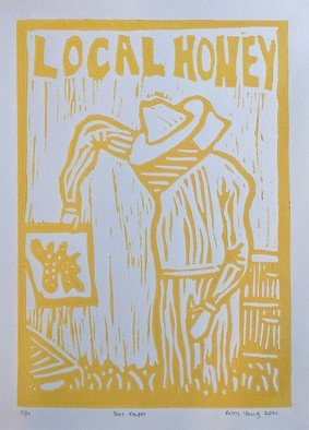 Riley Young: 'bubs bees', 2022 Linoleum Cut, Nature. Printmaking image of my mother in her bee hives. this image can be reproduced on different sizes of paper. The price will change depending on color chosen and paper. ...