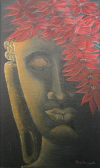 Artist Rina Sengupta. 'Buddha With Poinsettias' Artwork Image, Created in 2009, Original Painting Oil. #art #artist