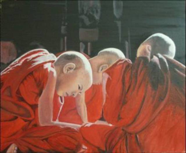 Rina Sengupta  'Sunbeam On Monks', created in 2009, Original Painting Oil.
