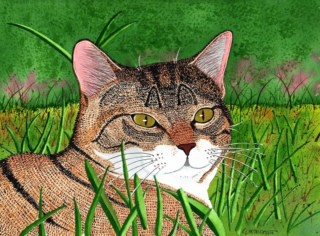 Artist Ralph Patrick. 'Cat In The Grass' Artwork Image, Created in 2014, Original Watercolor. #art #artist