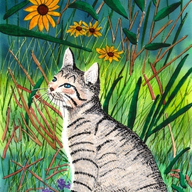Ralph Patrick Artwork Kitten in Flower Garden, 2012 Watercolor, Cats