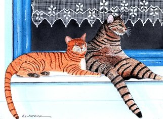 Ralph Patrick: 'Two Tabby Cats in Window', 2014 Watercolor, Cats. Artist Description:      Watercolor, Cats, Animals    Cats, Watercolor, Original  ...