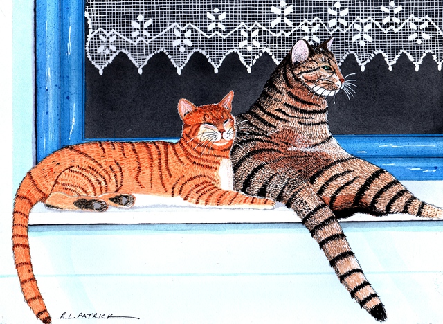 Artist Ralph Patrick. 'Two Tabby Cats In Window' Artwork Image, Created in 2014, Original Watercolor. #art #artist
