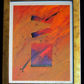 Robert Davis: 'Beams', 2002 Acrylic Painting, Abstract. Artist Description: One in a series of geometrical abstracts on illustration board using vibrant primary and secondary colors, in this case reds, purples and golds, accented with splashes of black.  Three collage layers add additional color, interest and depth.  Wood frame is finished in gold foil patina. ...