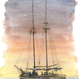Roberto Echeverria Artwork Schooner, 2015 Watercolor, Boating
