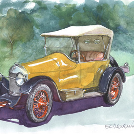 Roberto Echeverria Artwork Yelow Old Car, 2015 Watercolor, Automotive