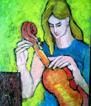 Roberto Trigas: 'tuning in yellow', 2016 Encaustic Painting, Music. Musician tuning the violin on a yellow background...