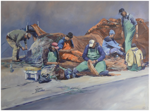 Artist Roman Markov. 'Fishermen Inspect Tackles, Portugal' Artwork Image, Created in 2013, Original Painting Oil. #art #artist