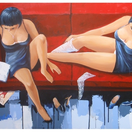 Roman Markov: 'Red sofa', 2013 Acrylic Painting, nudes. Artist Description:  pintor Roman Markov, Portugal, Algarve, Faro, nude        ...