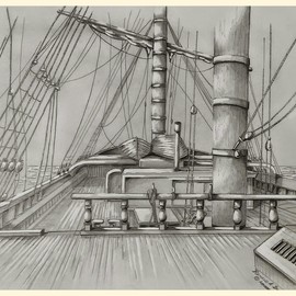 Ronald Lunn: 'Looking Aft', 2009 Pencil Drawing, Boating. Artist Description: Pencil drawing of a ships deck, looking aft. 14 x 18 pencil on paper, framed under glass.  Signed by the artist. 100 hand drawn original artwork. i? 1/2 Copyright Artwork By Ronald Lunn This piece is for sale.  Please feel free to contact the artist directly regarding this or other ...