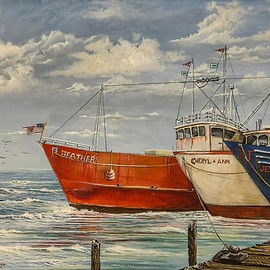 Ronald Lunn: 'My Three Ladies', 2019 Oil Painting, Marine. Artist Description: This oil painting was done Plein Aire, seeing three boats anchored along a pier on the NC coast.  I change only the colors and names, colors for our flag, and names for our daughters.  Ronald Lunn fine art, Raleigh Artist, Benson artist, NC Artist, Buy Art, Original Art, ...
