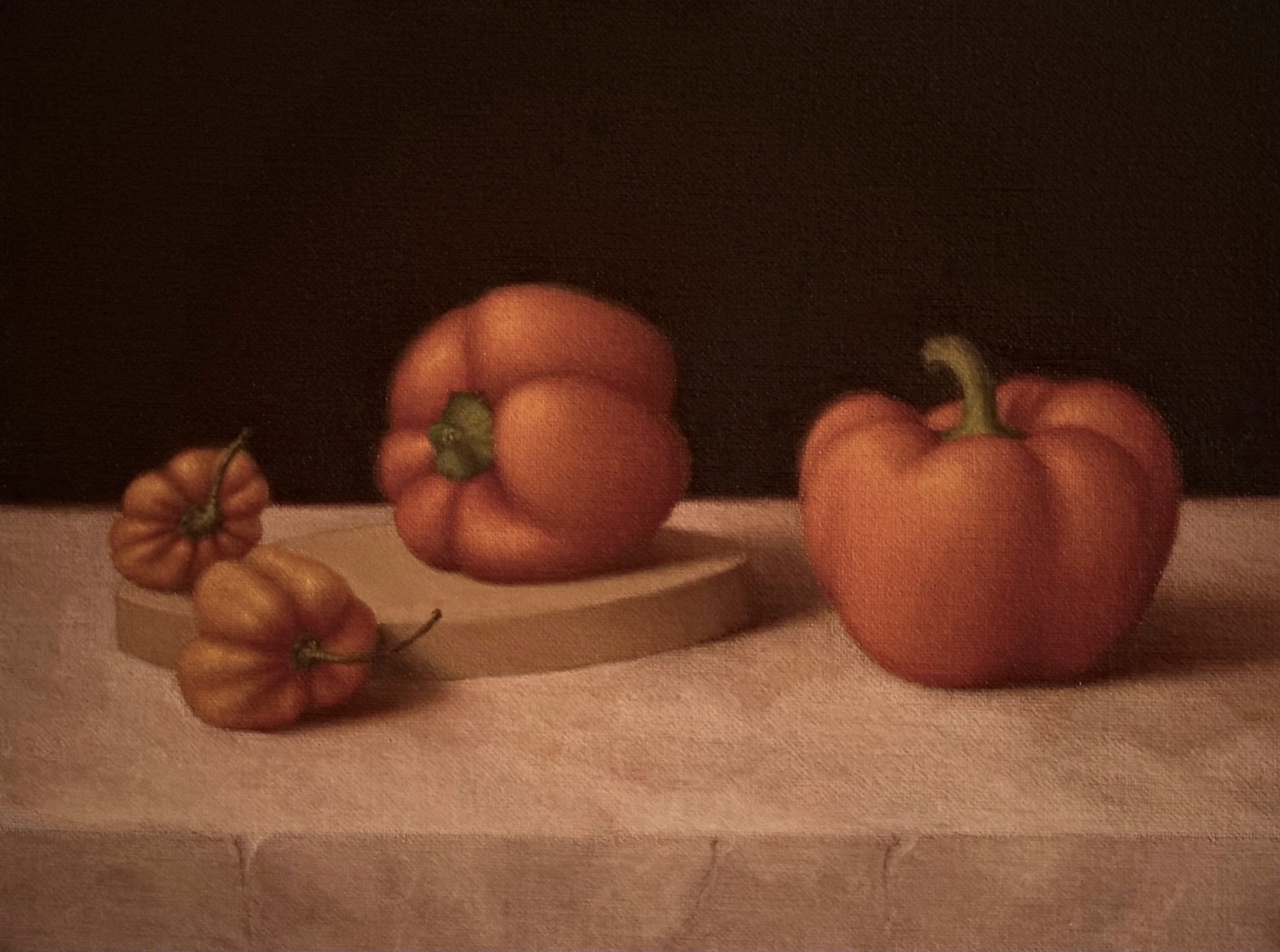 Ronald Weisberg: 'peppers', 2018 Oil Painting, Still Life. Painted in the classical technique of layering and glazes...