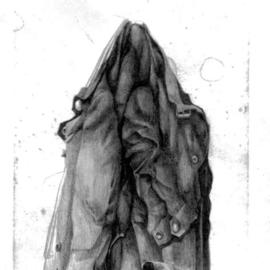 Ron Wilkinson: 'waxed cotton jacket', 1984 Pencil Drawing, Still Life. Artist Description: Waxed cotton Jacket was drawn as one of a series concerned with hanging clothes. All the drawings from this period were drawn on cartridge paper that had been distressed or sun- browned; this was to age the work and to emphasise a timeless feel, as clothes had always ...