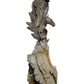 Rose Vassilev: 'soft magic of positive energy', 2020 Bronze Sculpture, Surrealism. Artist Description: A humble magical being that is one with natur and has a horse behind it as support, which symbolizes freedom, strength and loyalty.  Original unikat bronze sculpture on spring water stone with natural crystals and 24 carat gold plating. ...
