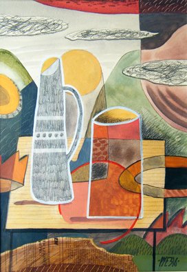 Trevor Pye: 'still life with m l 2', 2016 Mixed Media, Still Life. Full title: Still Life With Modernist Leanings 2.Acrylic   graphite on Arches paper. ...