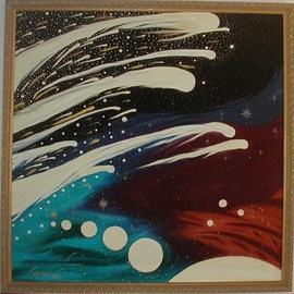 Cathy Dobson: 'A Storm Of Comets', 1994 Oil Painting, Cosmic. Artist Description:   Cosmic Collection. Illuminous Oil Painting Black Light Art Work.Partly primed and unprimed textured linen canvas glows in the dark or under black lights....