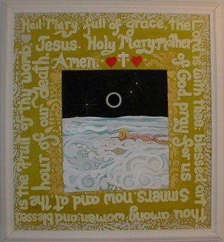 Cathy Dobson: 'Hail Mary', 1998 Oil Painting, Beach.   Illuminous oil painting of the Hail Mary holy prayer ( that glows in the dark or under black lights) surrounds eclipsed sun beyond the mermaid on the beach. Holy Prayers Collection....