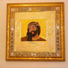 Cathy Dobson: 'His Divine Mercy', 1995 Oil Painting, Christian. Artist Description: This is an Original Illuminous Oil Painting that glows in the dark or  under Black Lights. Textured Partly primed and unprimed linen canvas.A painting of Jesus Christ.Gold Wooden framed Modern Icon. Silver and Gold Icon Collection....