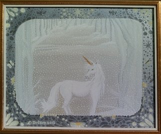 Cathy Dobson: 'Magic Unicorn', 2013 Oil Painting, Magical. Original Illuminous Oil Paintingfrom The Butterflies and Unicorns Collection.  Rare Magic Unicorn in the snow Glows in the dark.Incredible gold and white wooden frame. ...